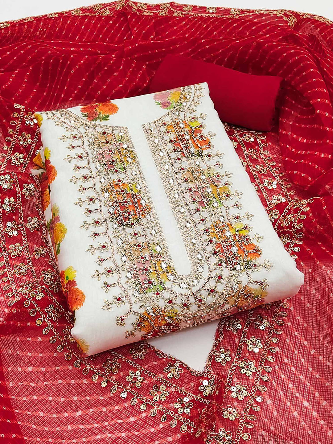

Peachmode Floral Printed Sequinned Chanderi Unstitched Dress Material, White