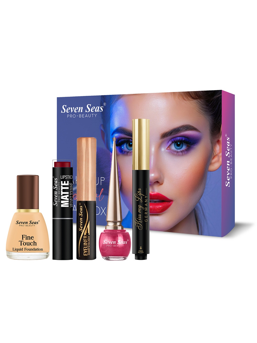 

Seven Seas Foundation Velvet Touch Lipstick Lip Balm & 2-Pcs Liquid Eyeliner Makeup Combo, Red