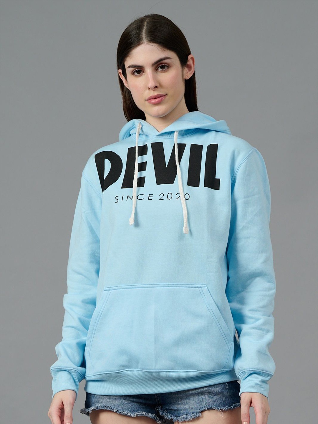 

GO DEVIL Women Typography Printed Hooded Woolen Winter Sweatshirt, Blue