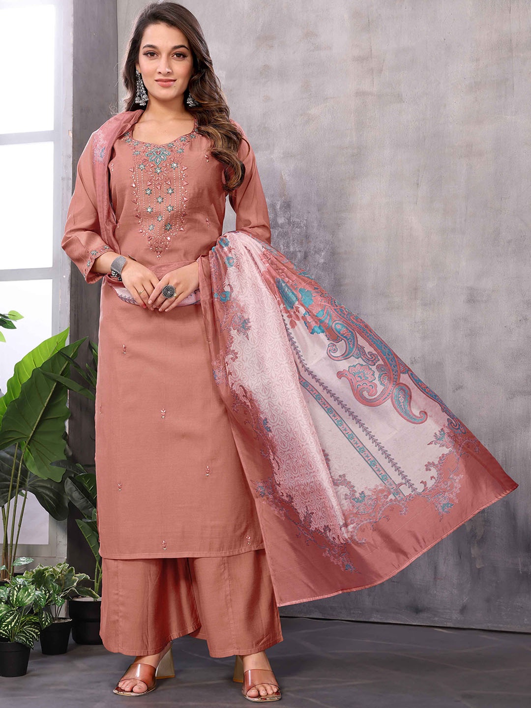 

SUNDARNAARI Floral Embroidered Thread Work Kurta with Palazzo & Dupatta, Copper