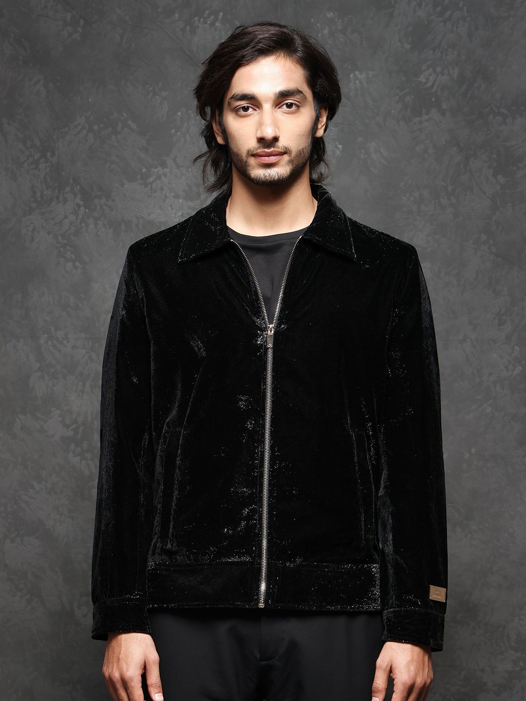 

RARE RABBIT Men Spread Collar Solid Casual Biker Jacket, Black