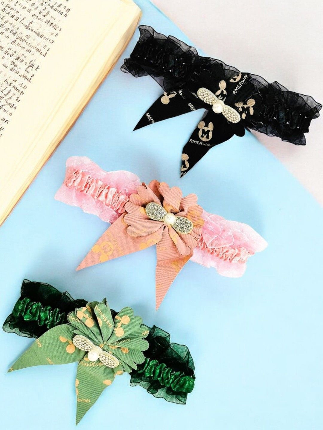 

9blings Girls Set of 3 Lace Hairband, Black
