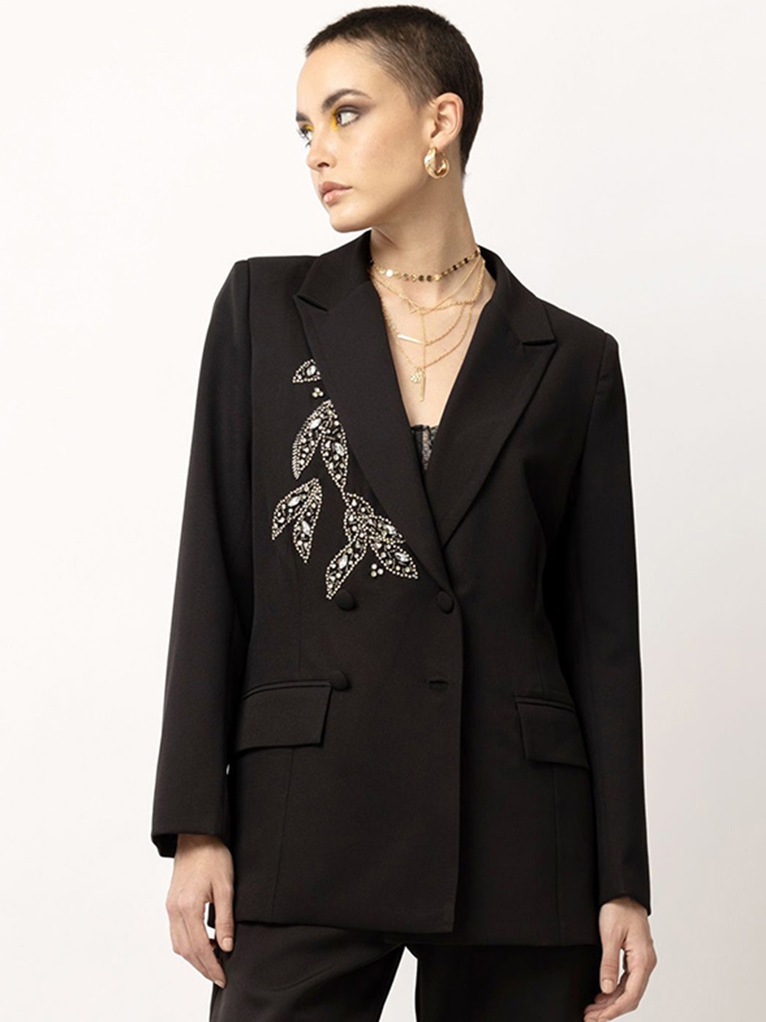 

Diwaah Embroidered Notched Lapel Collar Blazer With Trouser, Black