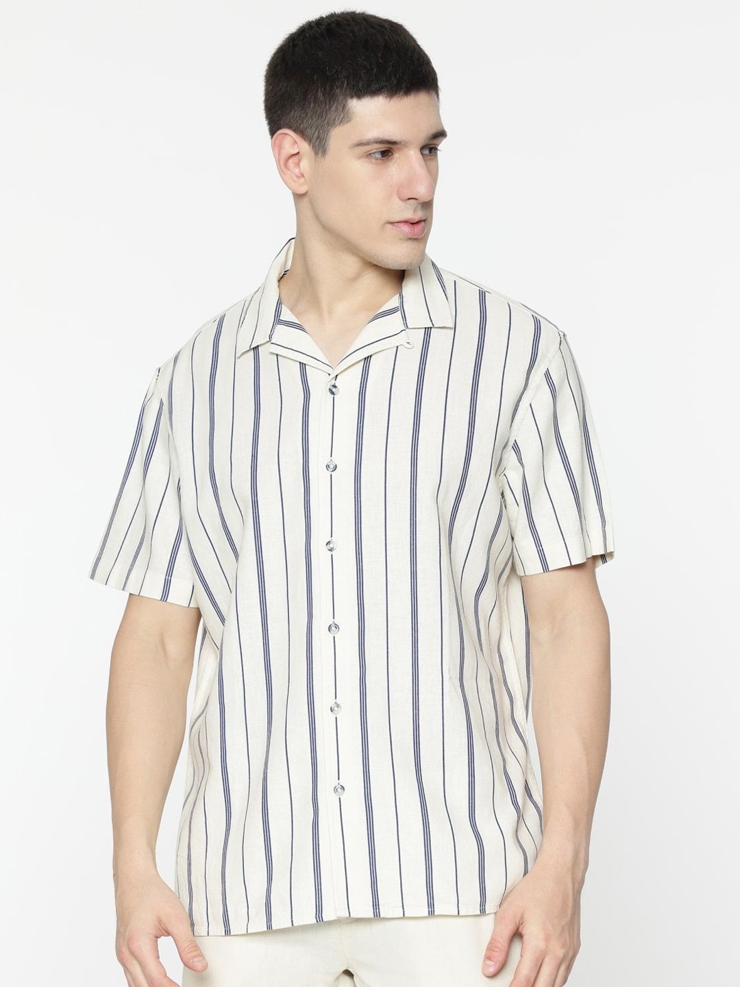 

Marks & Spencer Men Cuban Collar Vertical Striped Linen Relaxed Fit Casual Shirt, White