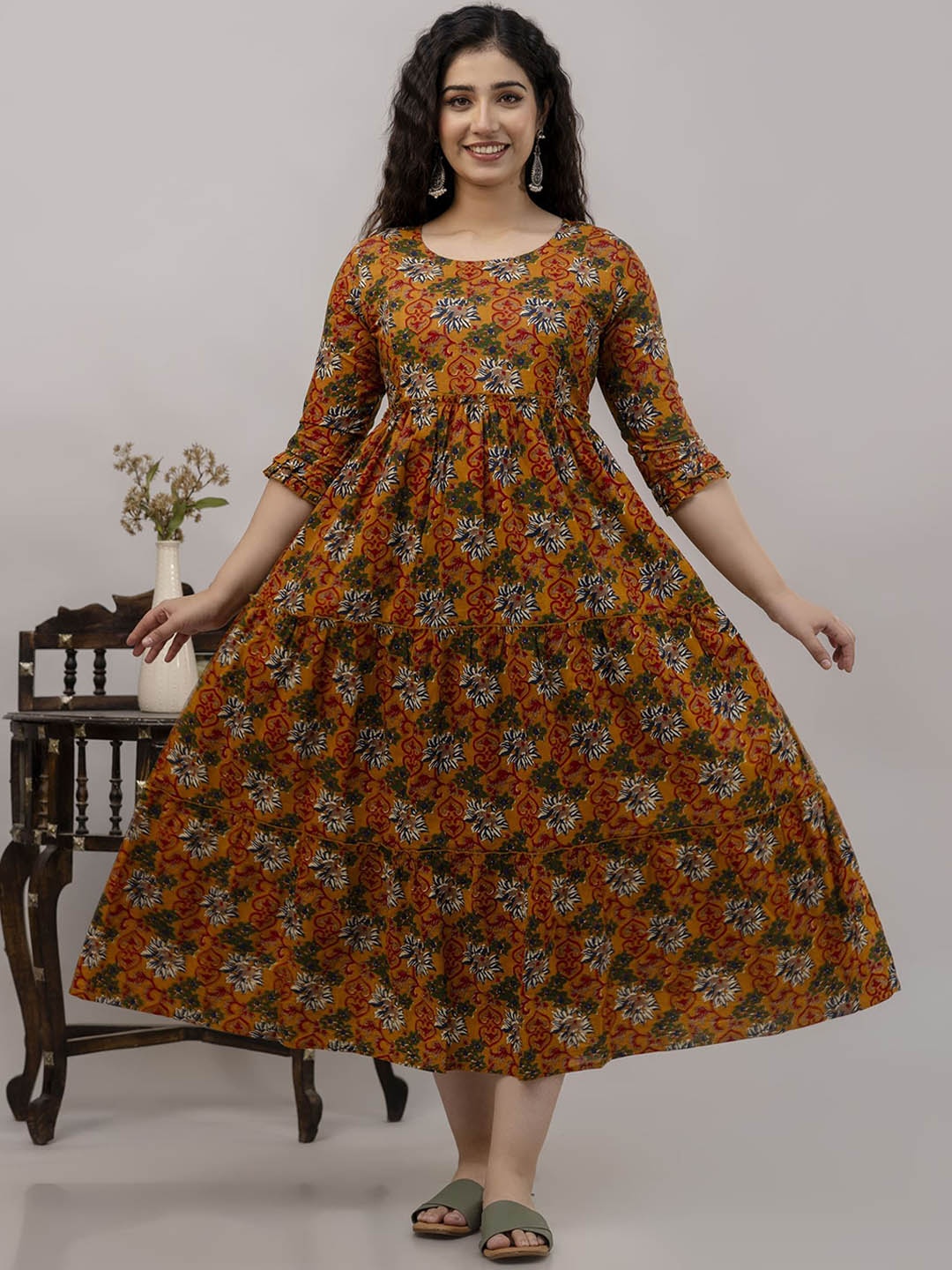 

VARICOS Floral Printed Round Neck Three-Quarter Sleeves Pure Cotton Ethnic Dress, Mustard