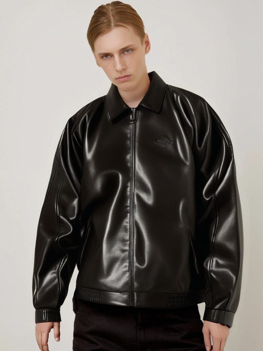 

StyleCast x Revolte Men Spread Collar Solid Casual Leather Jacket, Black