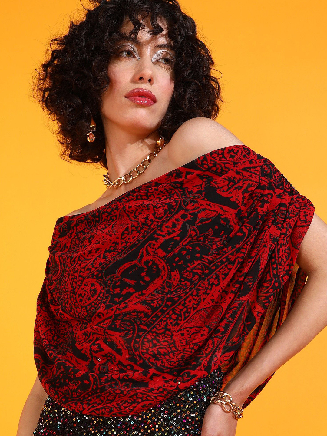 

SHECZZAR Women Printed Georgette High-Low Crop Top, Red