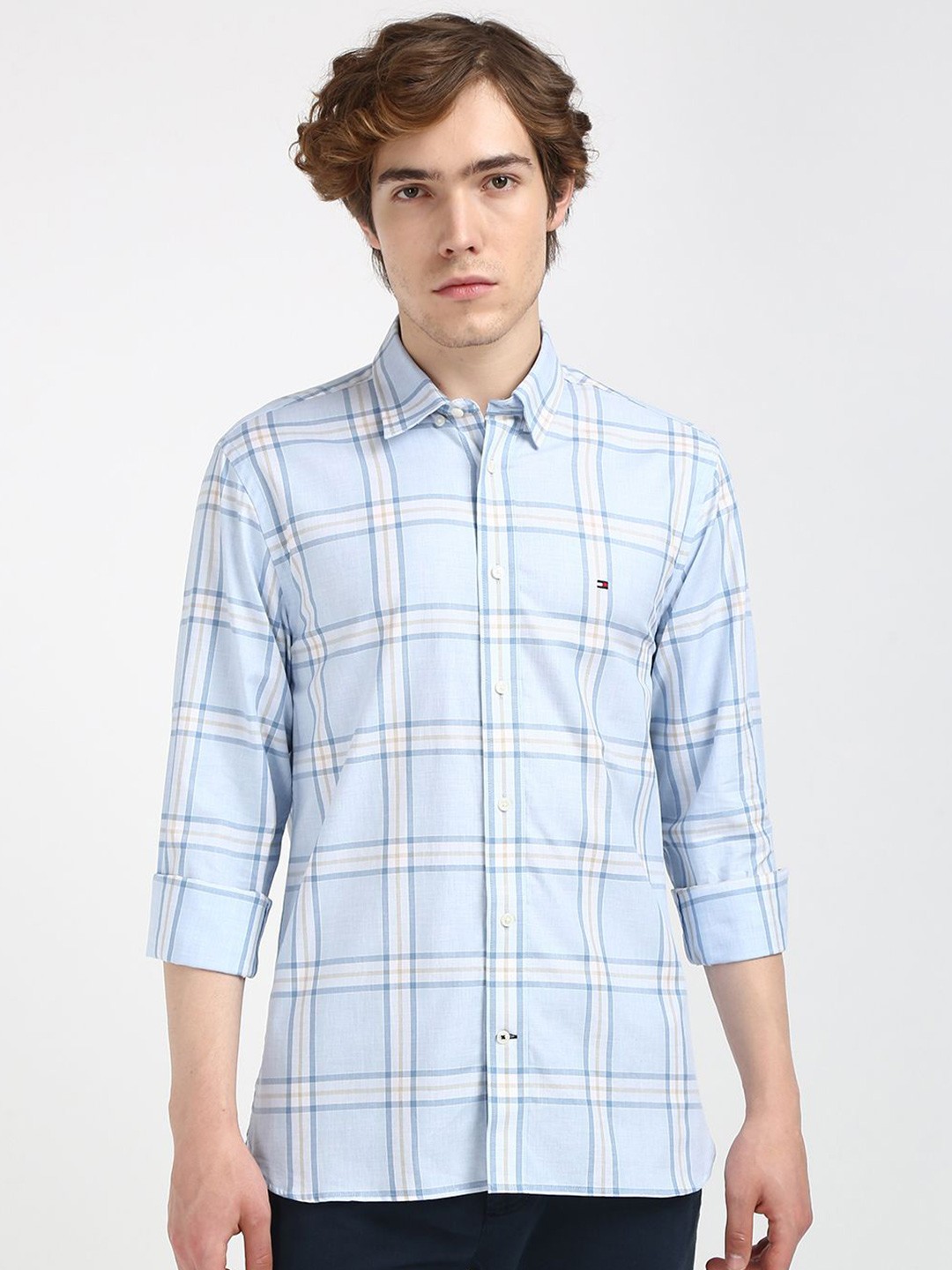 

Tommy Hilfiger Men Spread Collar Tartan Checked Cotton Casual Shirt, Blue