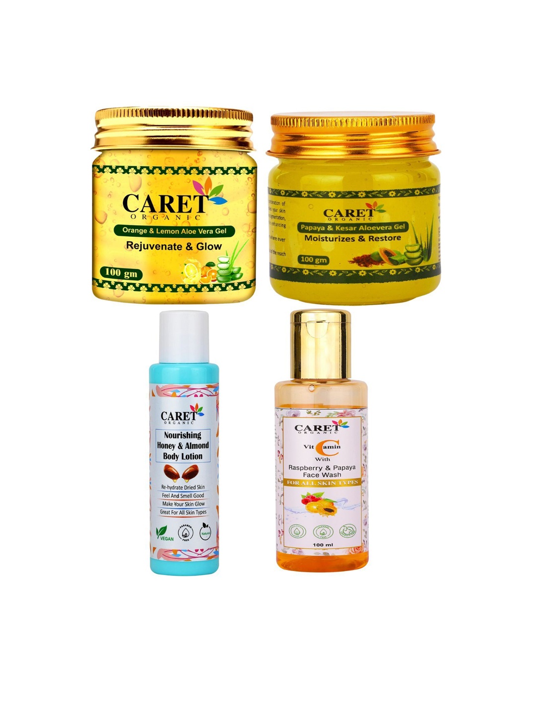 

CARET ORGANIC Set Of 4 Orange & Aloe Vera Gel, Honey & Almond Lotion & Vitamin C Face Wash, White