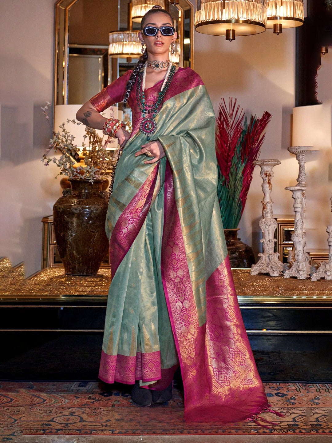 

MySilkLove Woven Design Zari Tissue Saree, Green