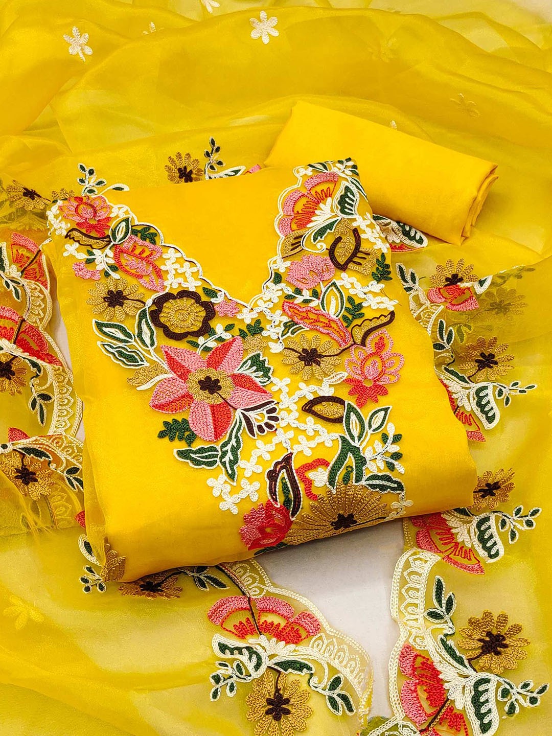 

Peachmode Floral Embroidered Organza Unstitched Dress Material, Yellow
