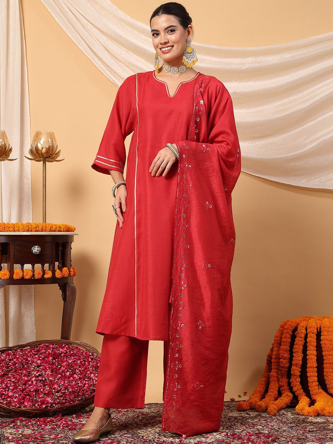 

House Of Zelena Pure Cotton Maternity Kurta with Palazzo & Dupatta, Red