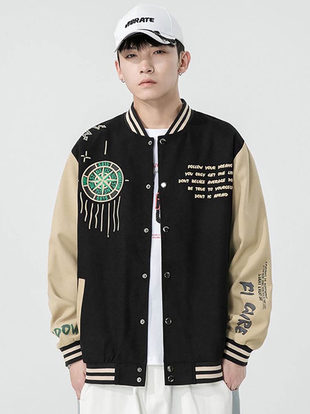 

StyleCast x Revolte Men Stand Collar Typography Printed Casual Bomber Jacket, Black