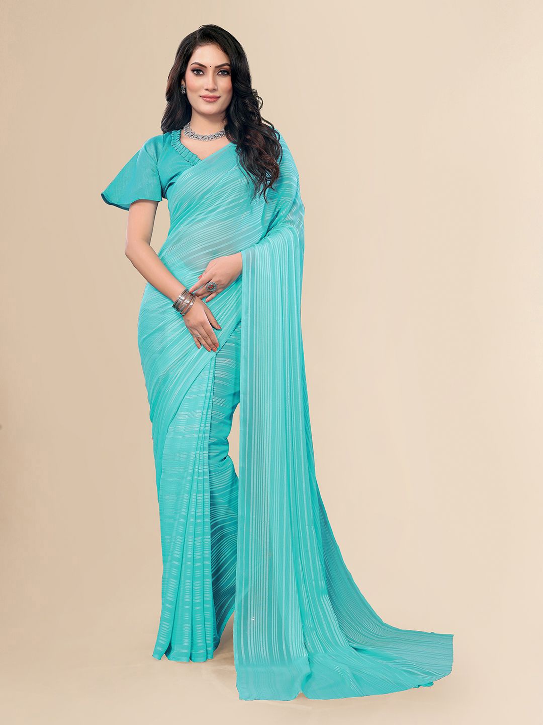

Moda Rapido Striped Printed Satin Saree With Unstitched Blouse Piece, Blue