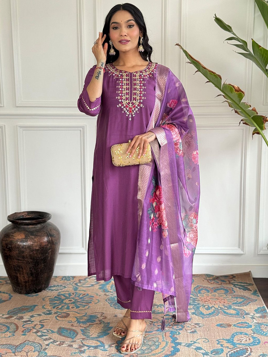

Ishin Floral Yoke Design Thread Work Straight Kurta with Trouser & Dupatta, Purple