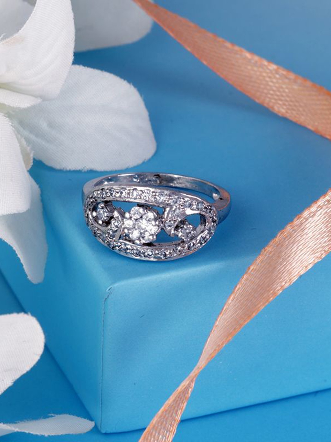 

Tuanz Silver Jewelry 925 Sterling Silver Rhodium-Plated CZ Stone-Studded Finger Ring
