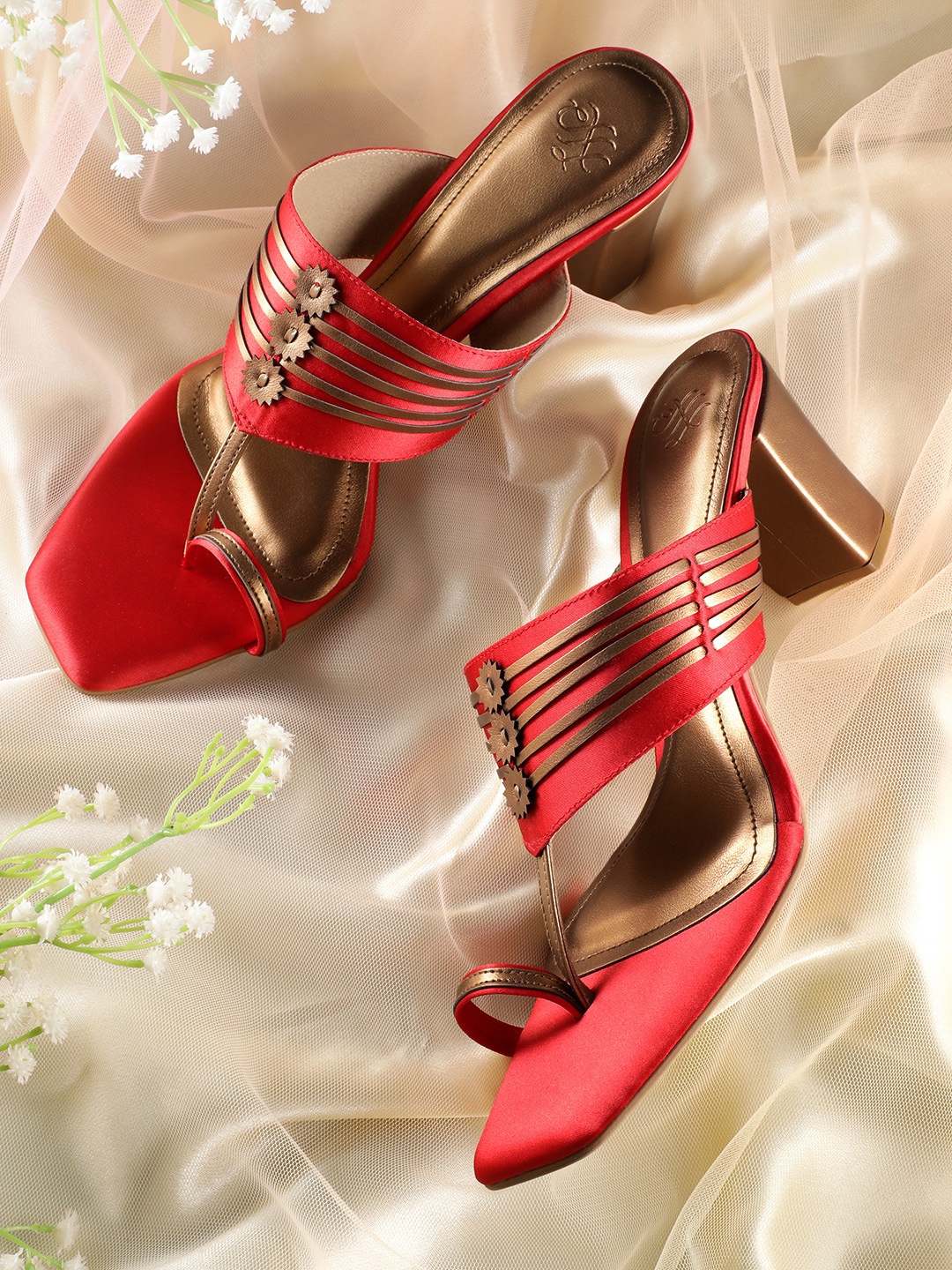 

House of Pataudi Open Toe Striped Block Heels, Red