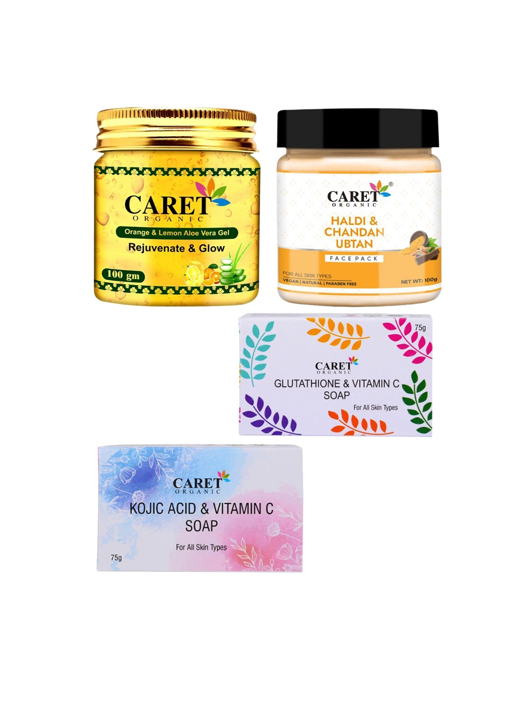 

CARET ORGANIC Set Of 4 Aloe Vera Gel, Haldi Face Pack, Vitamin C & Kojic Acid Soap, White