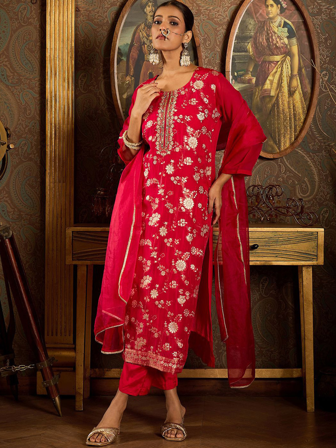 

Indo Era Floral Zari Embroidered Straight Kurta with Trouser & Dupatta, Red