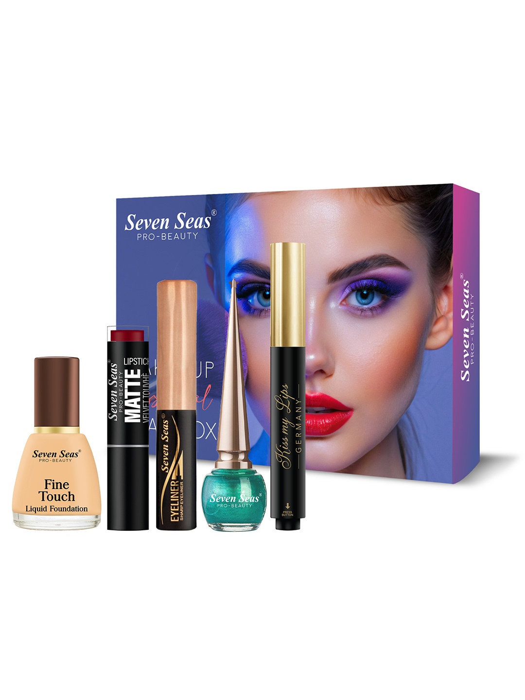 

Seven Seas Foundation Velvet Touch Lipstick Lip Balm & 2-Pcs Liquid Eyeliner Makeup Combo, Multi