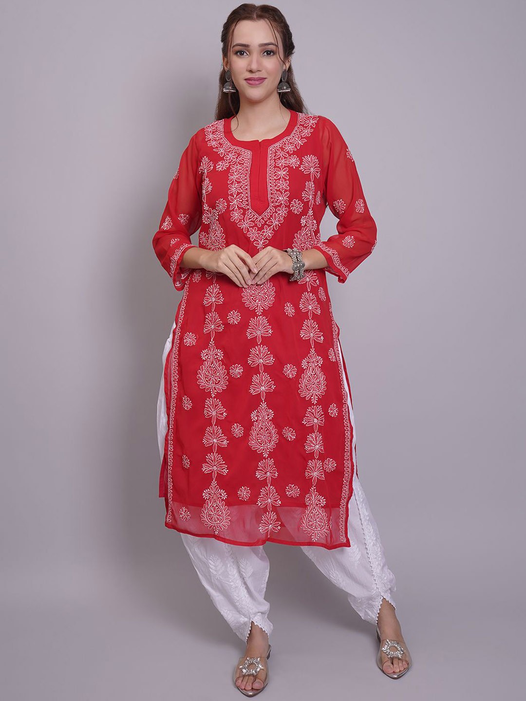 

Seva Chikan Round Neck Ethnic Motifs Embroidered Chikankari Georgette Kurta, Red
