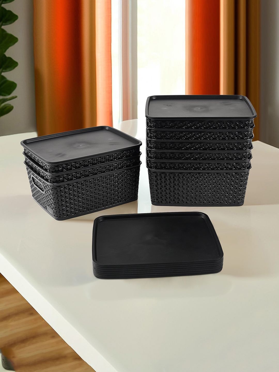 

Kuber Industries Black 9 Pieces Checked Reusable Tote Basket Organisers