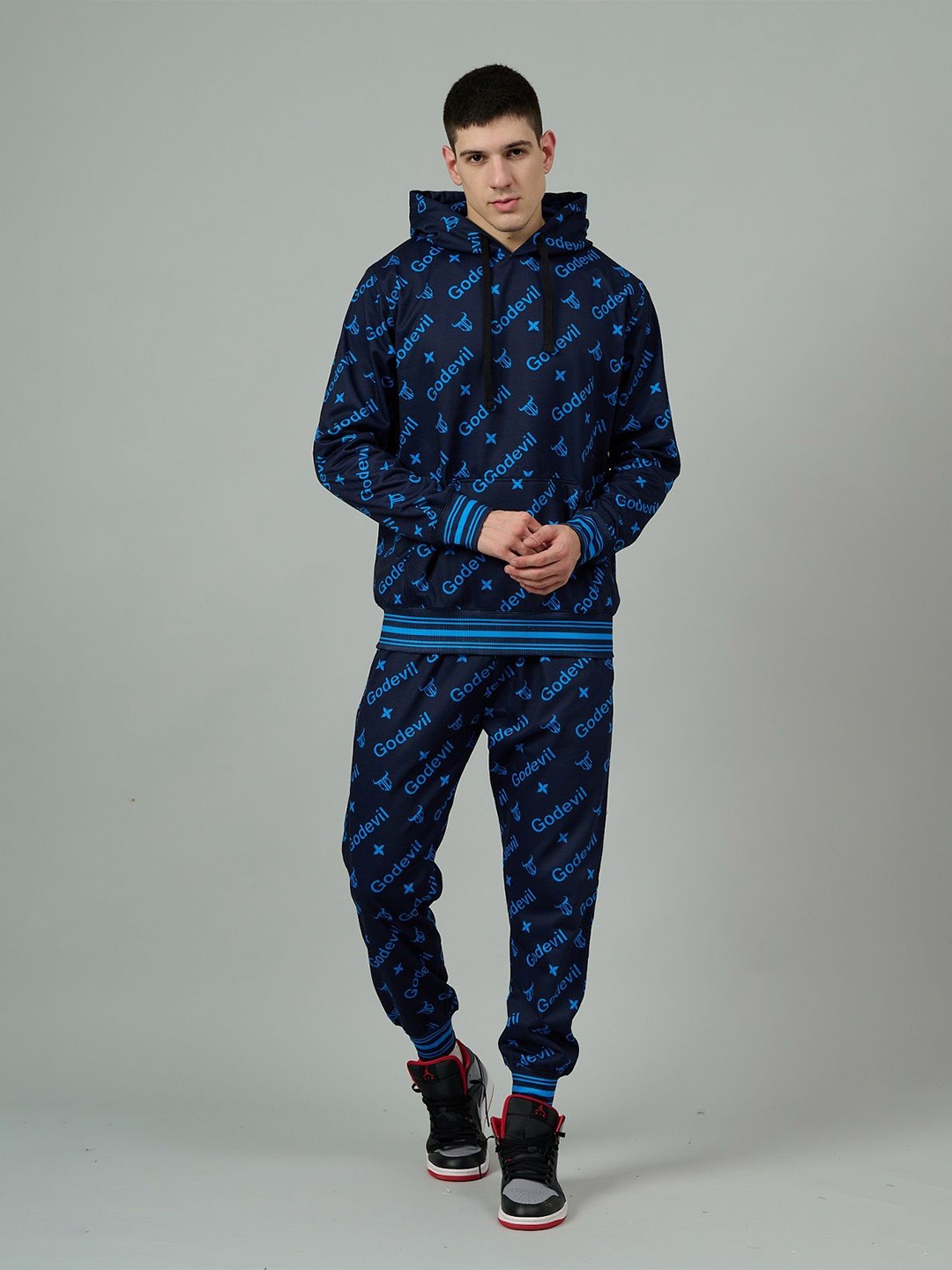 

GO DEVIL Typographic Printed Hooded Oversized Woollen Fleece Sweatshirt With Joggers, Blue