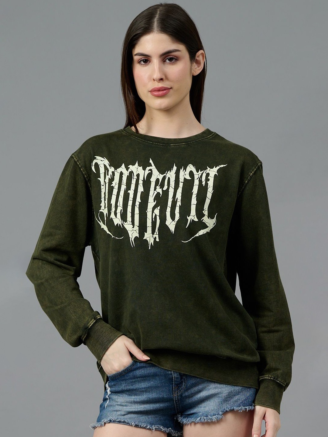 

GO DEVIL Women Typography Printed Woolen Winter Sweatshirt, Olive
