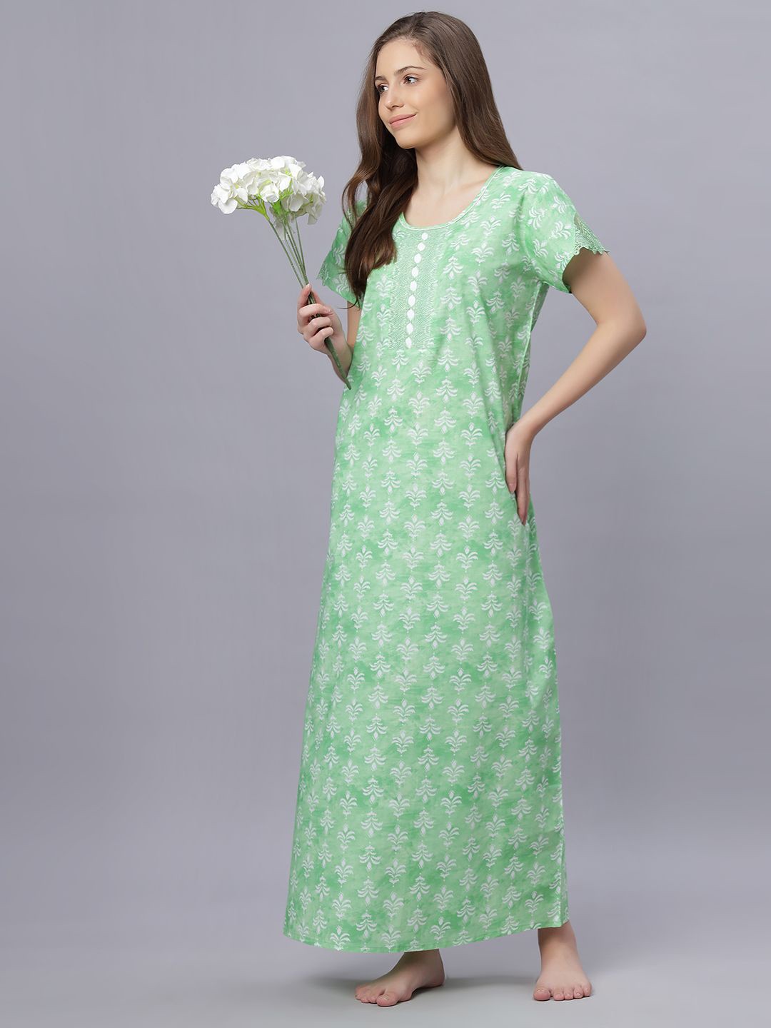 

QUIRA Women Yoke Design Printed Maxi Nightdress, Green