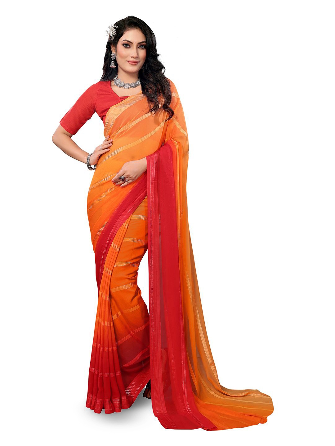 

Moda Rapido Striped Saree With Unstitched Blouse Piece, Red