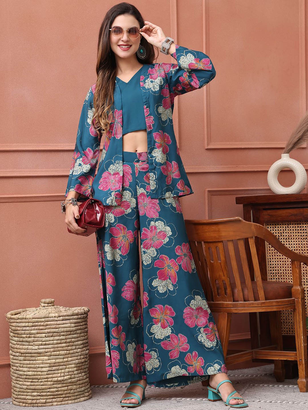 

Claura V-Neck Printed Top and Jacket With Palazzos, Blue
