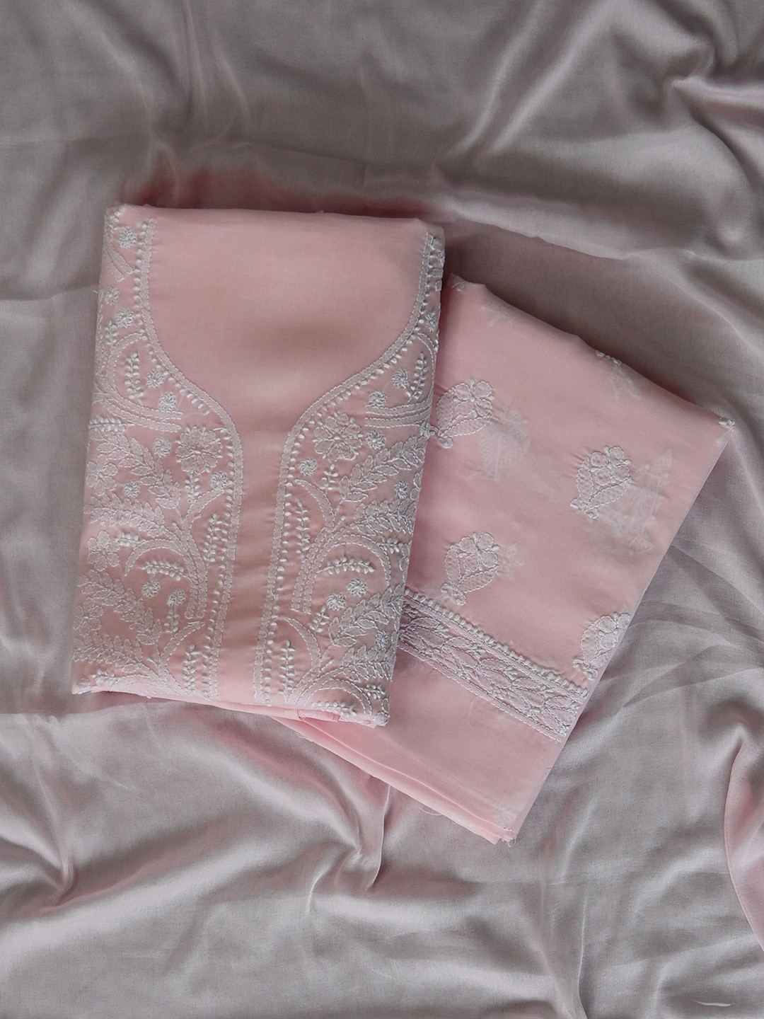 

Seva Chikan Floral Lucknowi Chikankari Embroidered Unstitched Dress Material, Pink