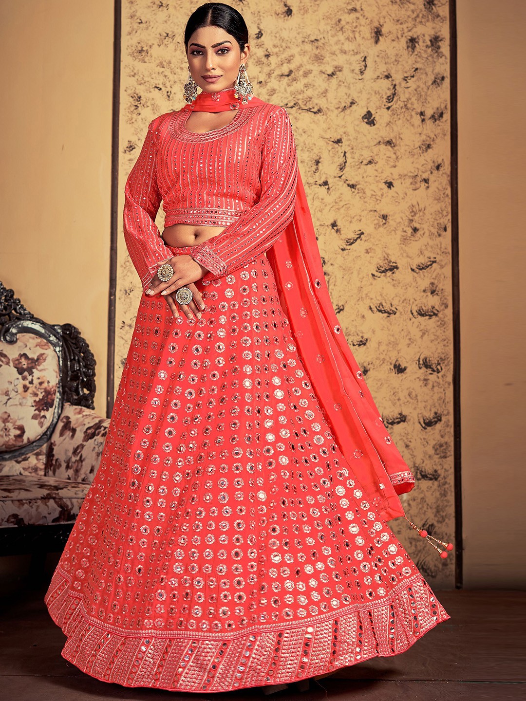 

VANAKARA Embellished Sequinned Ready to Wear Lehenga & Blouse With Dupatta, Orange