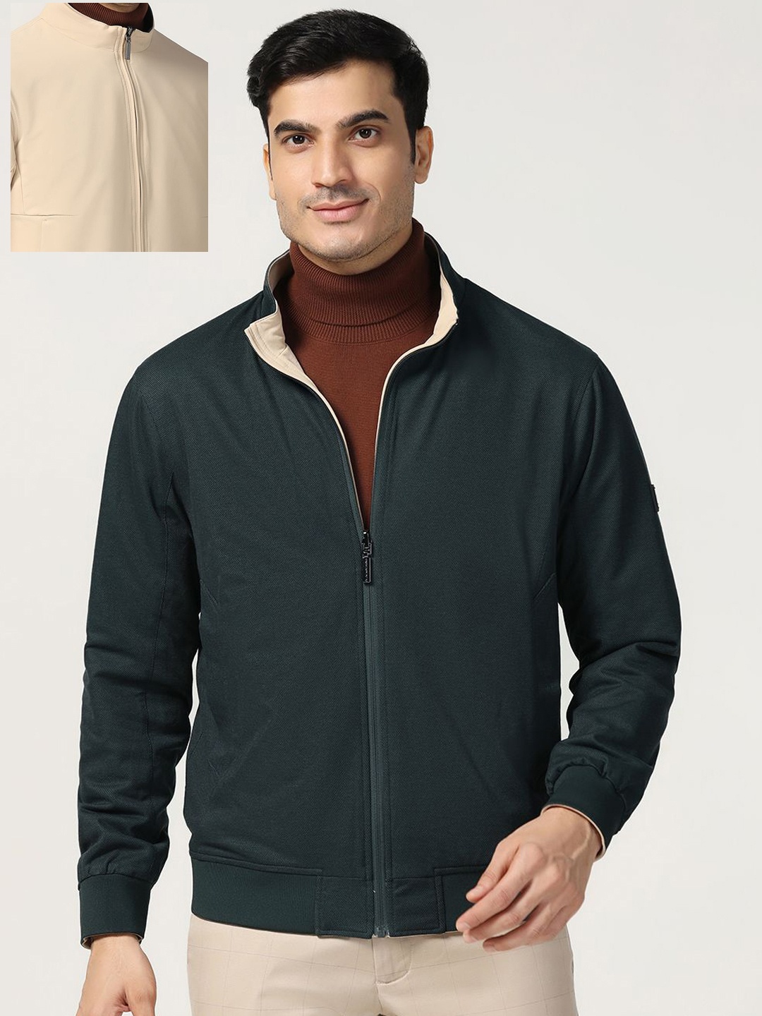 

Blackberrys Men Mock Collar Solid Casual Bomber Reversible Jacket, Beige