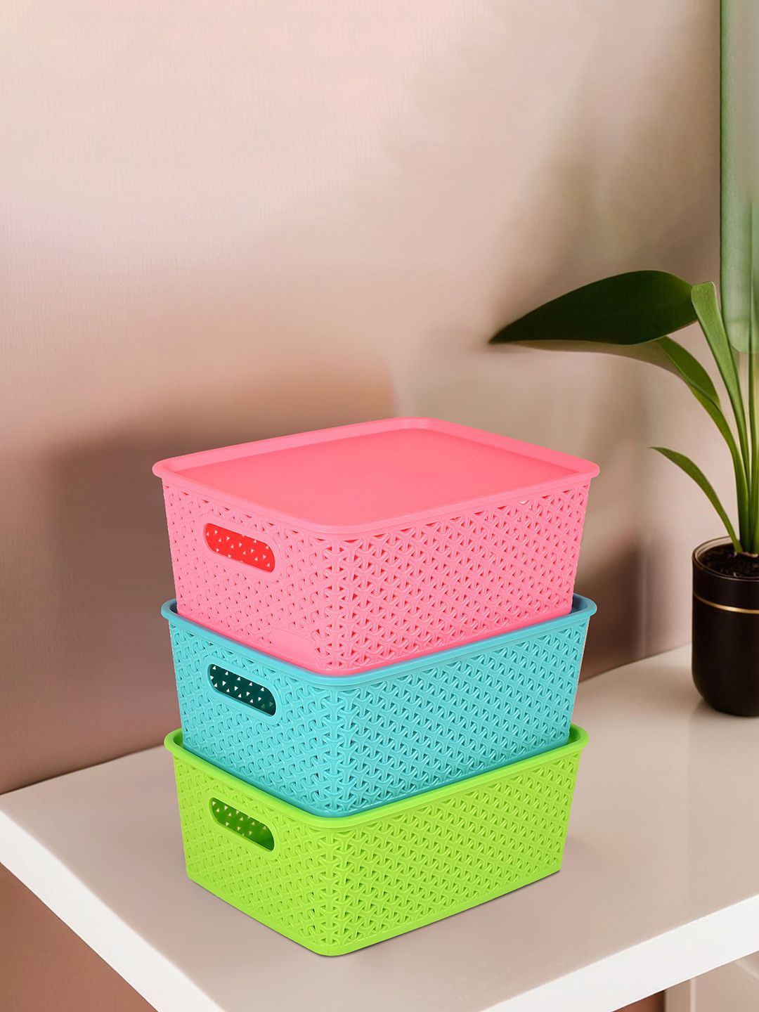 

Kuber Industries Blue & Pink 3 Pieces Checked Reusable Tote Basket Organisers