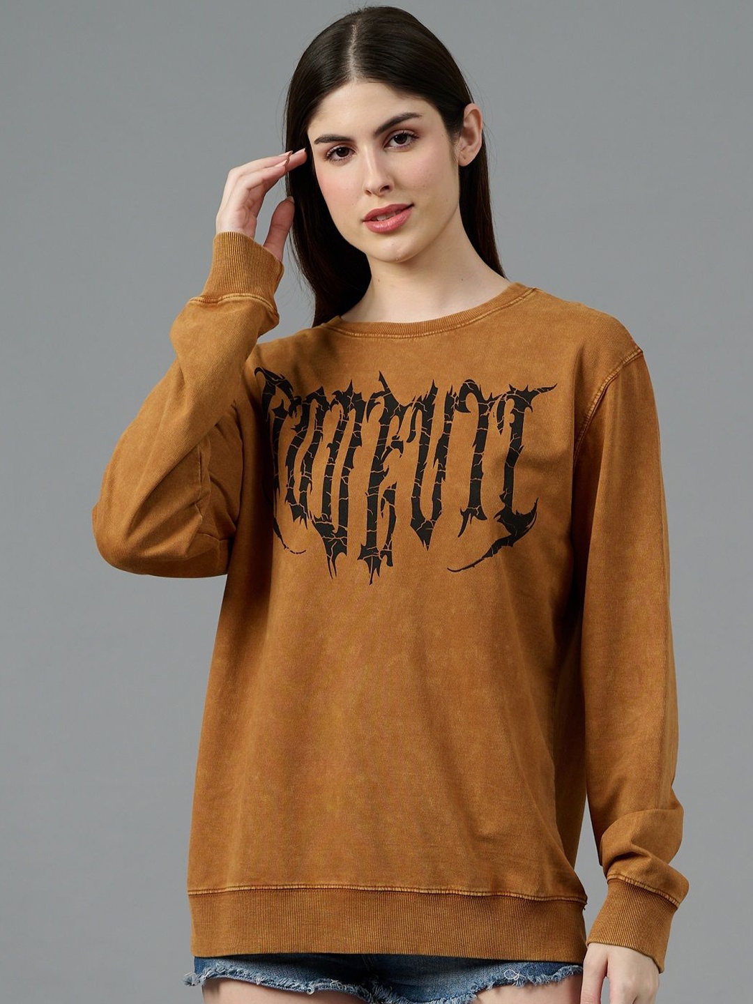 

GO DEVIL Women Printed Oversized Sweatshirt, Yellow