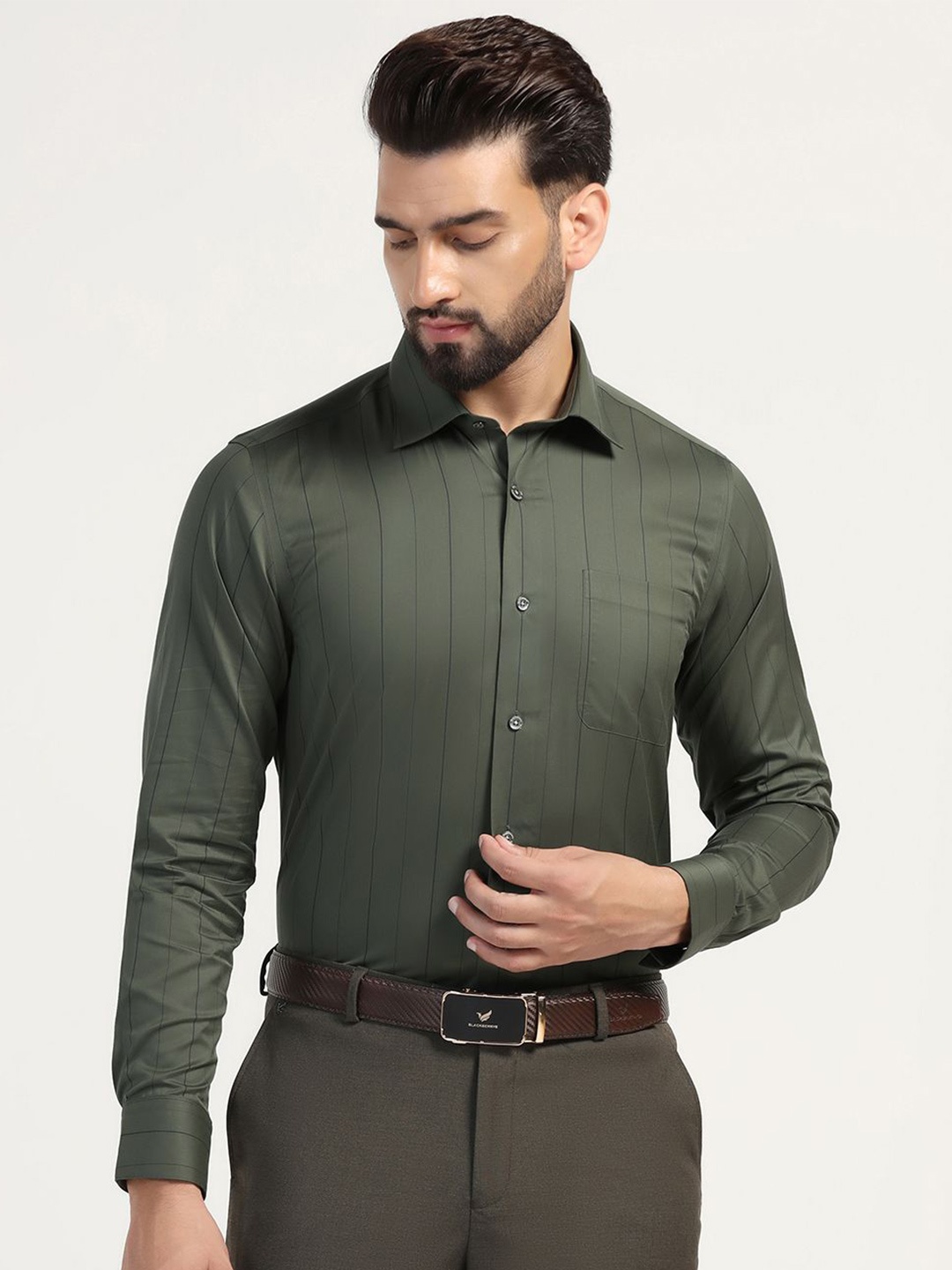 

Blackberrys Men India Slim Spread Collar Vertical Striped Cotton Slim Fit Formal Shirt, Olive