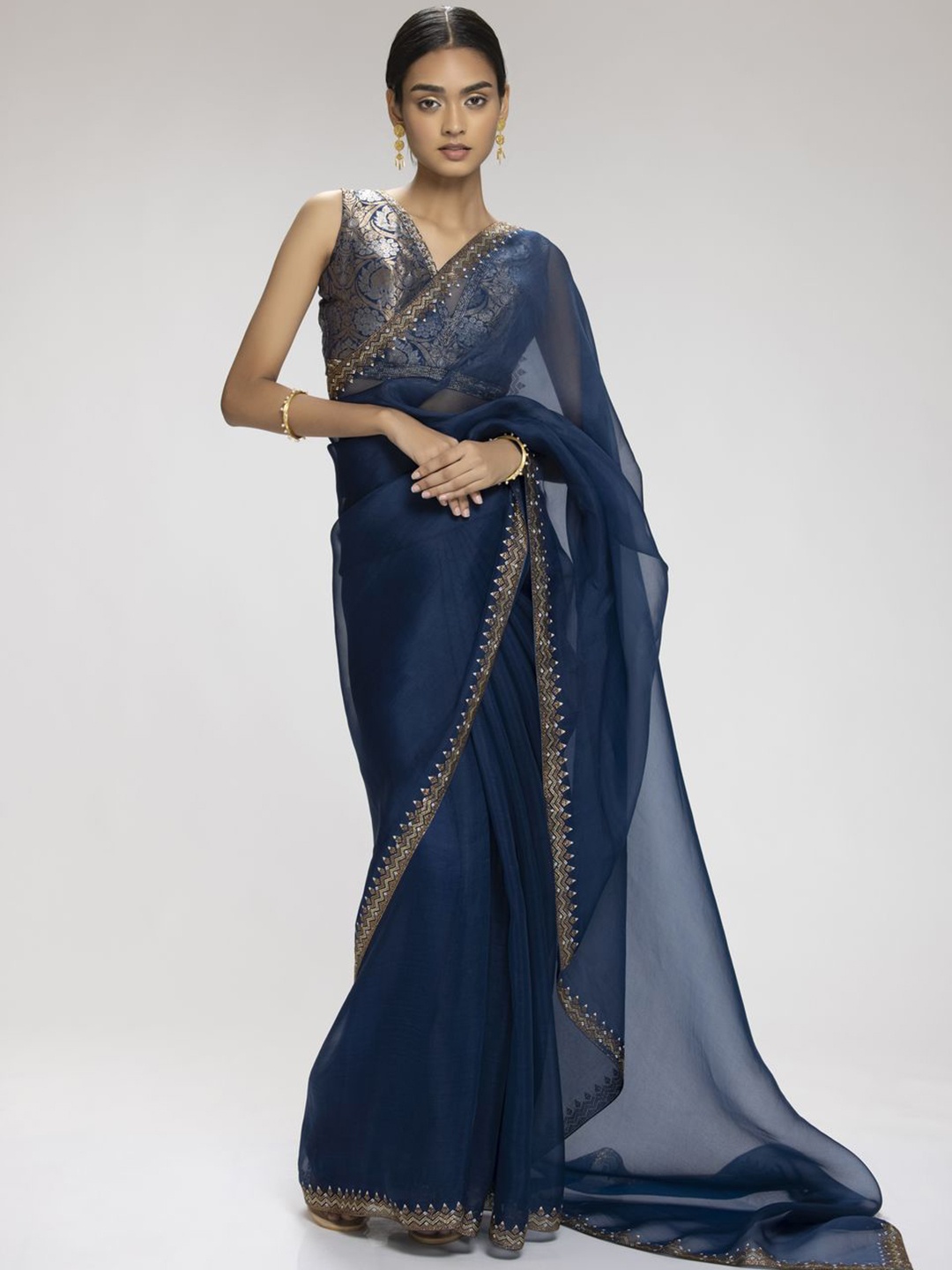 

Chhaya Mehrotra Embroidered Organza Saree, Navy blue