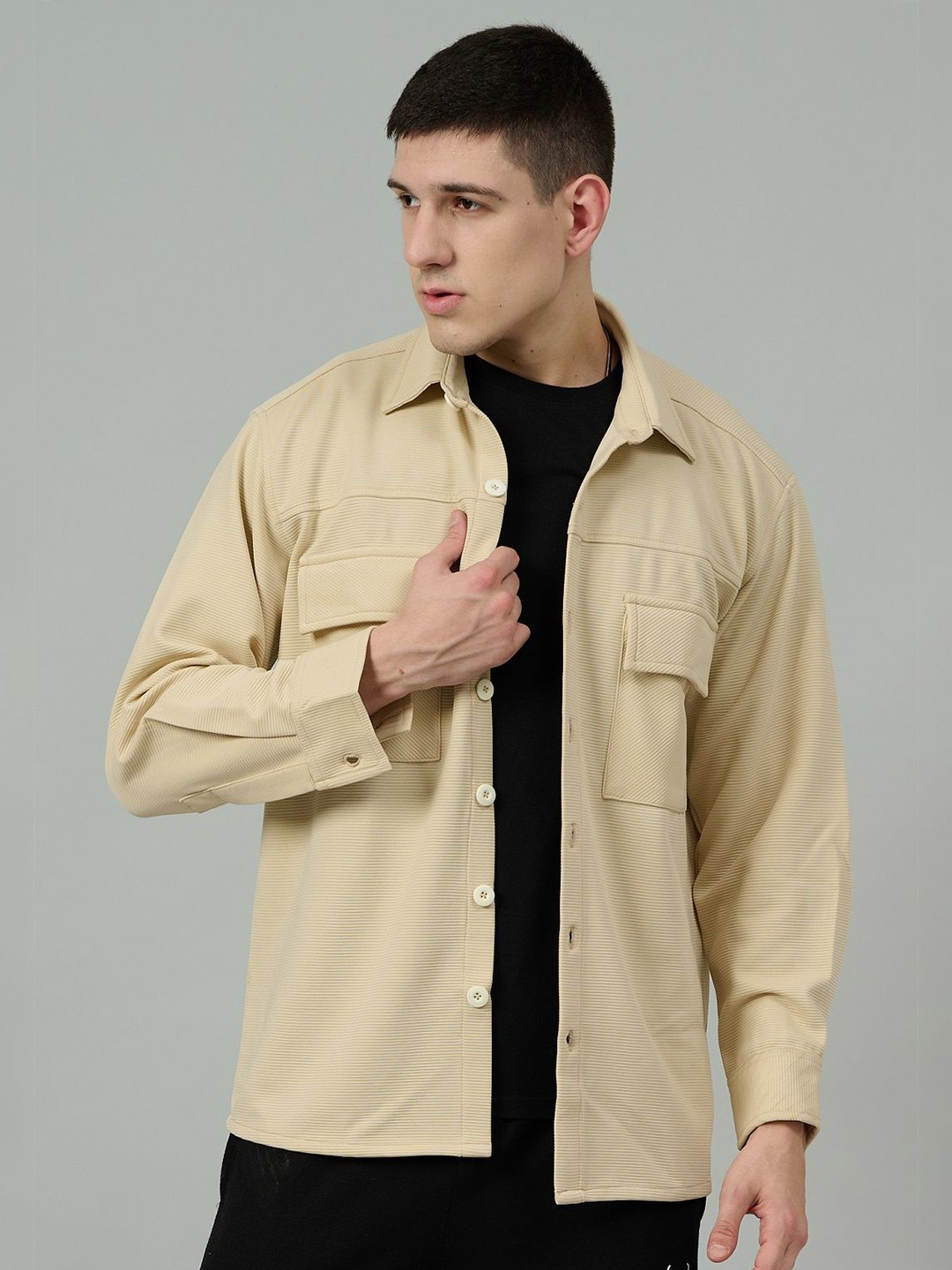 

GO DEVIL Men Spread Collar Solid Cotton Casual Tailored Jacket, Beige