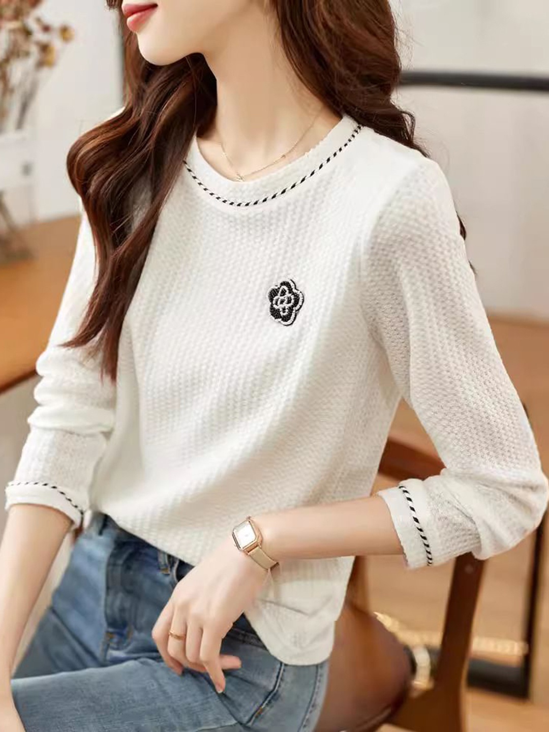

StyleCast Women Quirky Round Neck Pullover with Embroidered Detail, White
