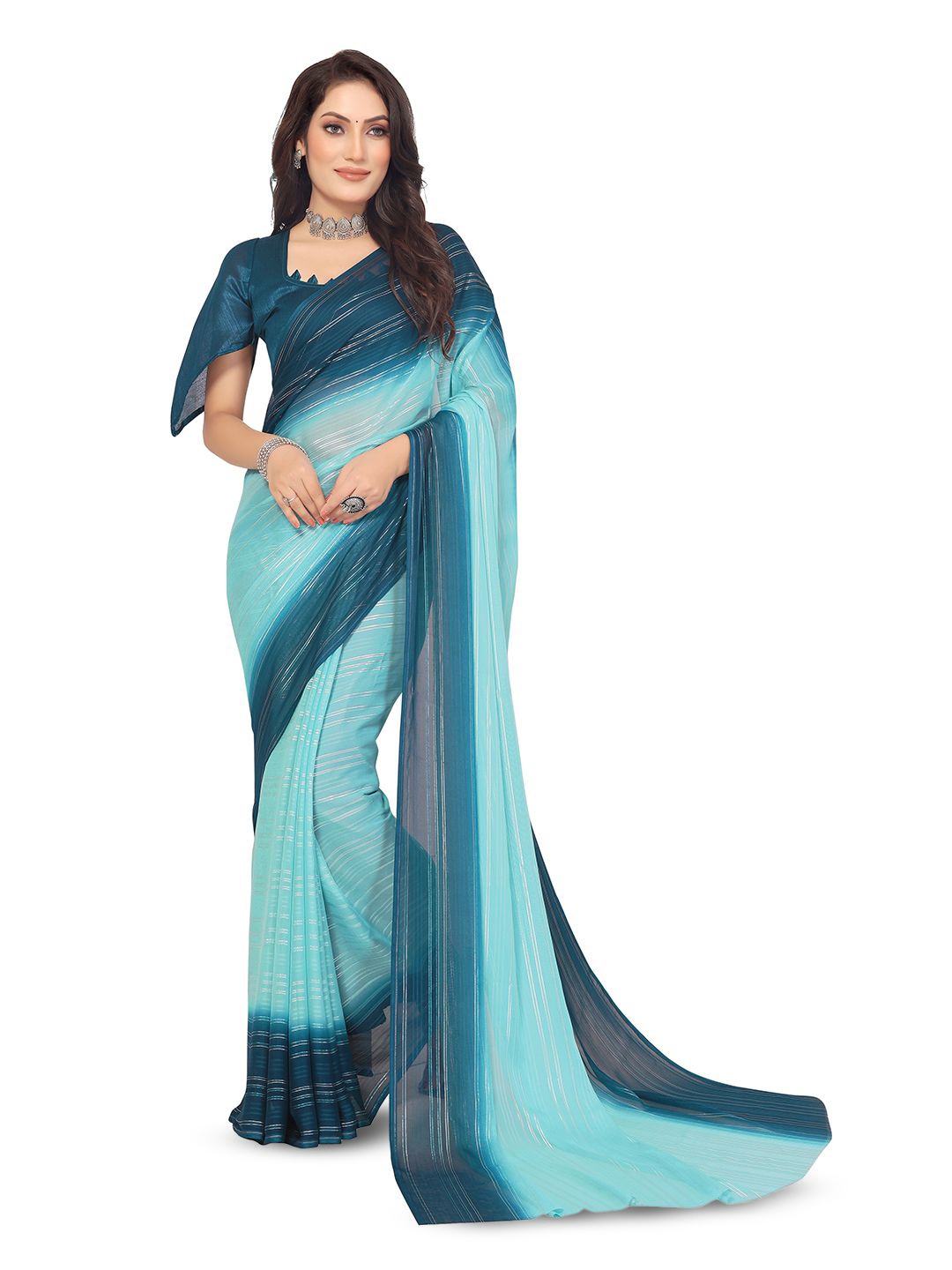 

Moda Rapido Striped Saree With Unstitched Blouse Piece, Blue