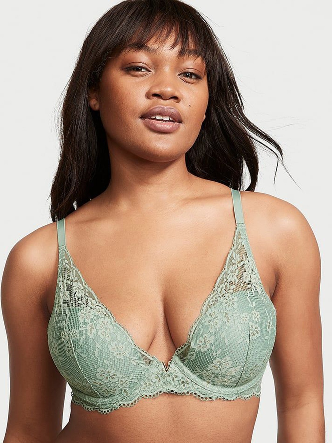 

Victoria's Secret Women Self Design Half Coverage Underwired Lightly Padded Lace Bra, Green