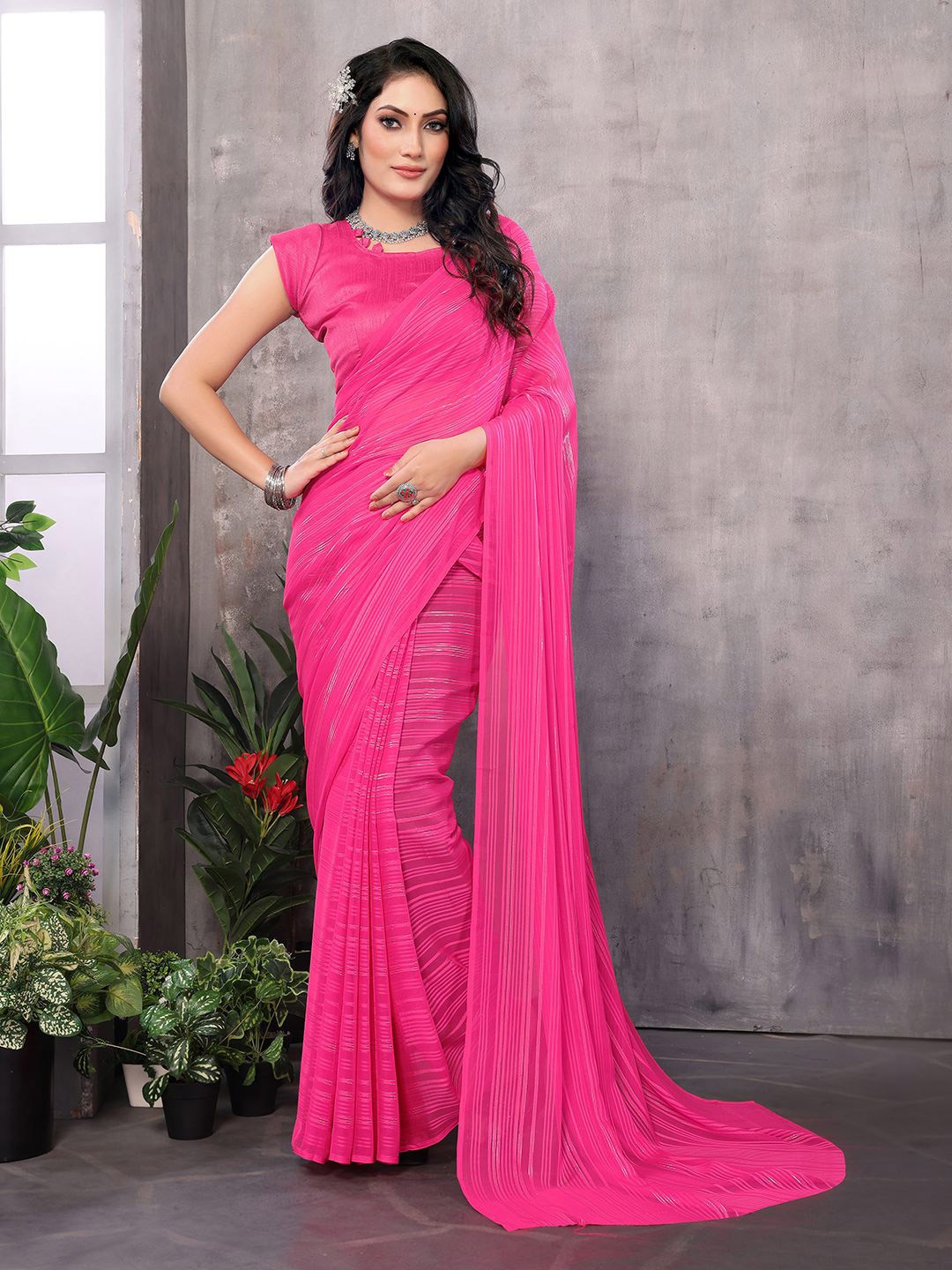 

Moda Rapido Women Striped Satin Saree With Blouse Piece, Pink
