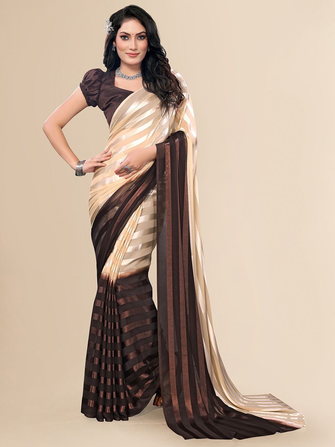 

Moda Rapido Striped Saree With Unstitched Blouse Piece, Beige