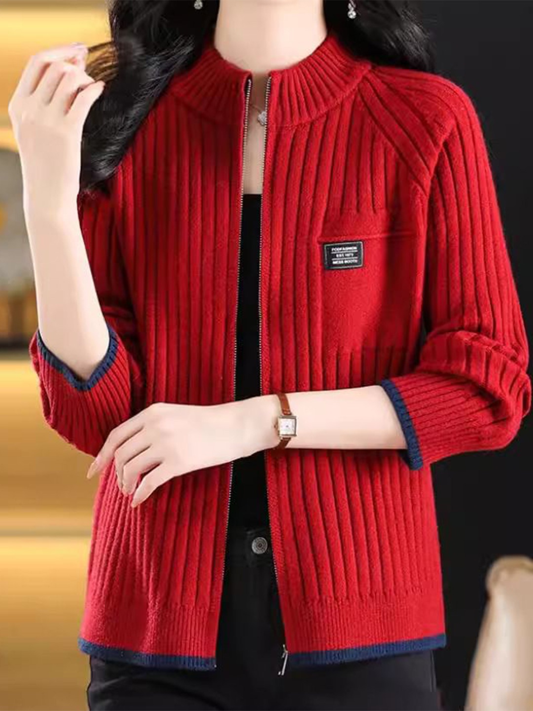 

StyleCast Women Mock Collar Cable Knit with Zip Detail Detail, Red
