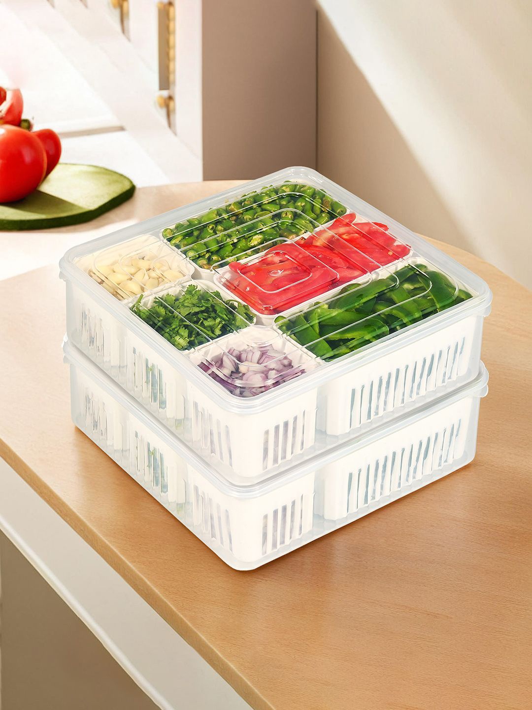 

Kuber Industries Pack of 2 Transparent & White Fridge Container Box Set