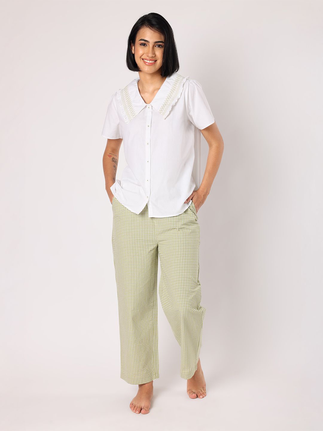

BLANC9 Women Lapel Collar Pure Cotton Night Suit, Green
