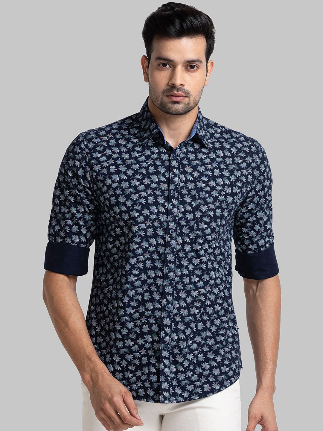 

Parx Men Spread Collar Floral Printed Cotton Slim Fit Casual Shirt, Navy blue