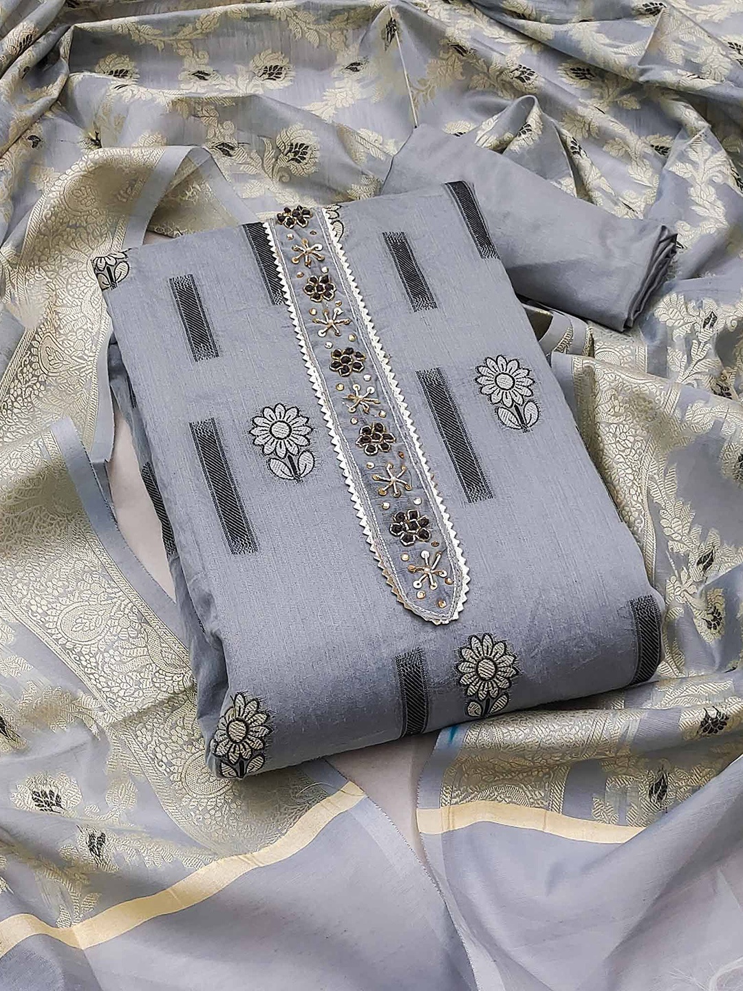 

Peachmode Floral Woven Design Gotta Patti Chanderi Silk Unstitched Dress Material, Grey