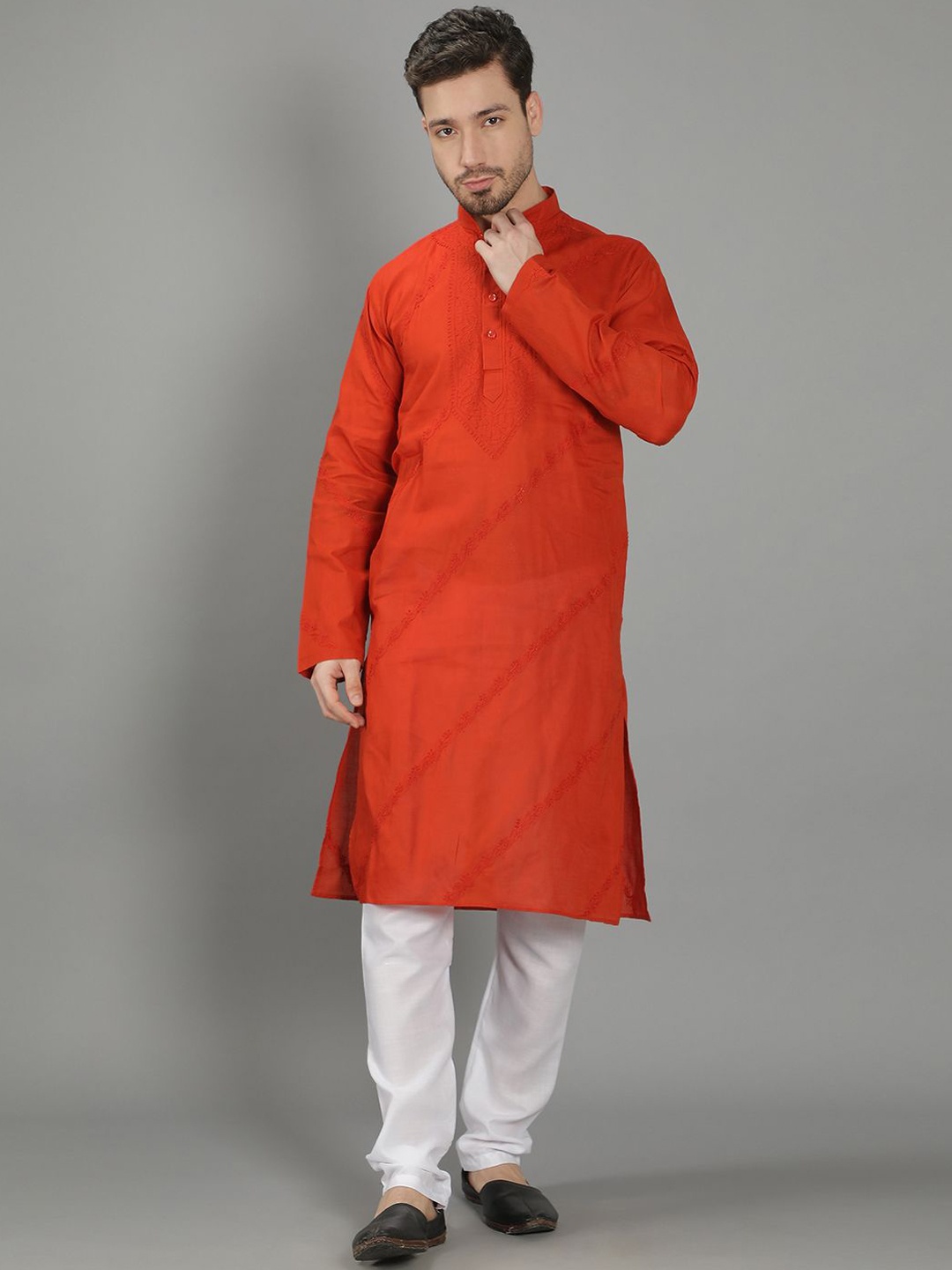 

Seva Chikan Mandarin Collar Ethnic Motifs Embroidered Chikankari Cotton Kurta, Rust